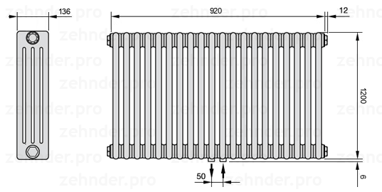 Схема (чертеж) Радиатор Zehnder Charleston 4120/20 №5410 Белый глянцевый RAL 9016